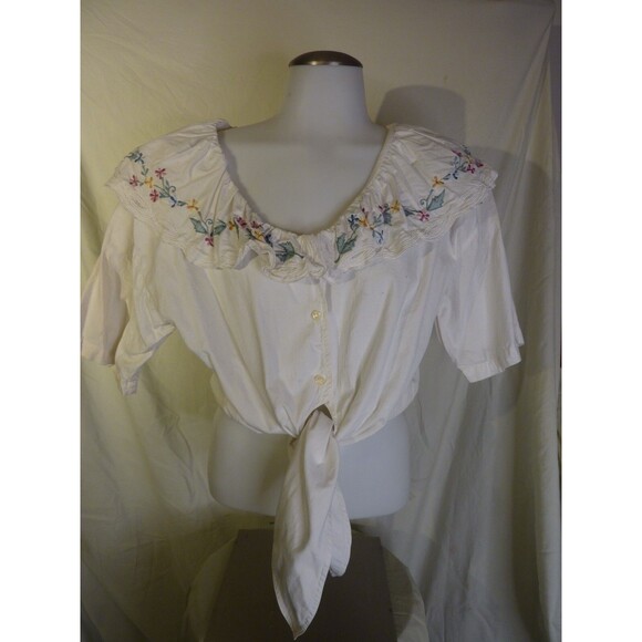 Vintage 70's CROP TOP-Cotton-Embroidered Collar-sz L - Picture 1 of 4